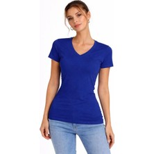 Kadın T-Shirt V Yaka Slim Fit Likralı Tişört Yazlık Basic Body - İndigo