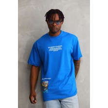 Tarz Yeri Erkek Bisiklet Yaka Baskılı Oversize T-Shirt - Mavi