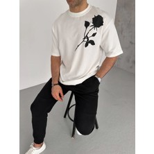 Velmora Fashion Erkek Kısa Kol Tişört Bisiklet Yaka GÜL Baskılı Oversize T-Shirt - Beyaz