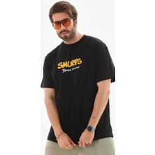 Tarz Yeri Erkek Kısa Kol Yazlık Tişört Bisiklet Yaka Baskılı Oversize T-Shirt - Siyah