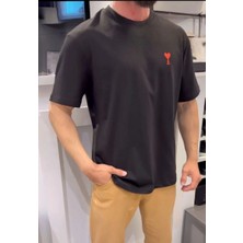 Tarz Yeri Erkek Kısa Kol Tişört Bisiklet Yaka KALP Baskılı Oversize T-Shirt - Siyah