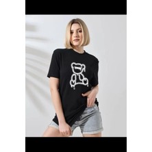 Velmora Fashion Kadın Bisiklet Yaka Baskılı  Kısa kol T-Shirt - Siyah