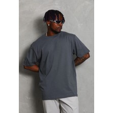Tarz Yeri Erkek Düz Yazlık Kısa Kol Tişört Bisiklet Yaka Oversize T-Shirt - Füme