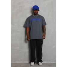 Tarz Yeri Erkek Baskılı Tişort Kısa Kol Bisiklet Yaka Oversize T-Shirt - Füme
