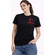 Kadın Türkiye Ay Yıldız Baskılı Taraftar Forma T-Shirt - Siyah