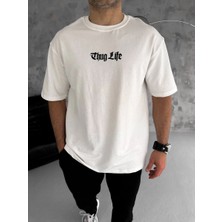 Tarz Yeri Erkek Kısa Kol Yazlık Tişört Bisiklet Yaka Baskılı Oversize T-Shirt - Beyaz