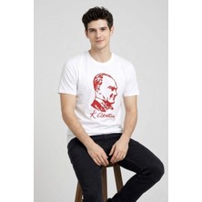 Tarz Yeri Erkek Atatürk Baskılı Tişört Kısa Kollu Bisiklet Yaka T-Shirt - Beyaz