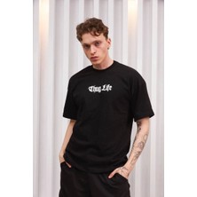 Tarz Yeri Erkek Bisiklet Yaka Baskılı  Kısa kol Oversize T-Shirt - Siyah