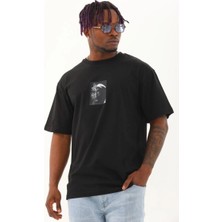 Tarz Yeri Erkek Kısa Kol Yazlık Tişört Bisiklet Yaka Baskılı Oversize T-Shirt - Siyah