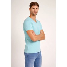 3 Erkek Body T-Shirt V Yaka Slim Fit Likralı Kısa Kol Tişört - Turkuvaz
