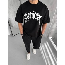 Tarz Yeri Erkek Tişört Bisiklet Yaka Baskılı Oversize Kısa kol T-Shirt - Siyah