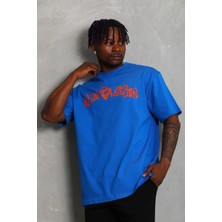 Tarz Yeri Erkek Baskılı Tişört Kısa Kol Bisiklet Yaka Oversize T-Shirt - Mavi