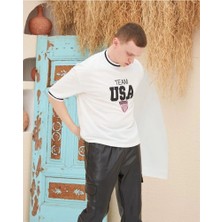 Velmora Fashion Erkek Bisiklet Yaka Tişört Nakış İşlemeli Kısa Kol Oversize T-Shirt - Beyaz
