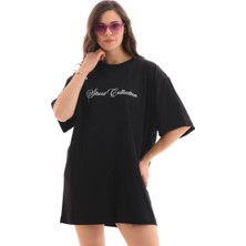 Tarz Yeri Kadın Kısa Kol Yazlık Tişört Bisiklet Yaka Baskılı Oversize T-Shirt - Siyah