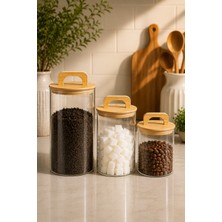 Fhilli Aria - 3'lü Borosilikat Bambu Kapaklı 1300 - 900 -600 ml Kavanoz Takımı Düz
