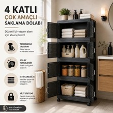 Loremp 4 Katlı Çok Amaçlı Plastik Saklama Dolabı Tekerlekli Kapaklı Düzenleyici Dolap Siyah