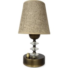 Fey Abajur El Yapımı Pilli LED Masa Lambası Eskitme Metal Kristal Detaylı Kahverengi Kumaş Şapkalı Kablosuz Dekoratif Gece Lambası 25 cm Pilli Gece Lambası Kahverengi şapka kristal eskitme ayak