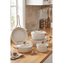 Bonera Milena 7 Parça Kar Beyazı Granit - Rose Gold Kulp Detaylı Tencere & Tava Seti
