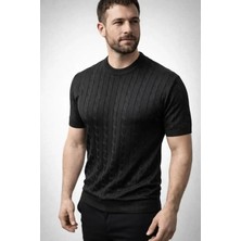 Erkek Yazlık Triko Dokuma Tişört Kısa Kol Bisiklet Yaka Örgü Desenli T-Shirt - Siyah