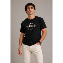 Erkek Müzik Temalı Baskılı Tişört Bisiklet Yaka Kısa Kol T-Shirt - Siyah