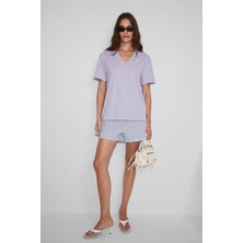 Ethiquet Sheane Kadın %100 Organik Pamuk Derin V Yakalı Comfort Fit Lila T-Shirt