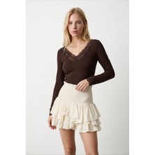 Shopping Shop Yaka ve Kolları Dantelli Bluz Kahve