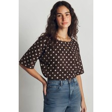 Shopping Shop Kayık Yaka Puantiye Bluz Kahve