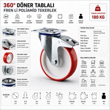 Badem10 Frenli Döner Tablalı Poliamid Teker 125 mm Rulmanlı Sanayi Tipi 180 kg Taşıma Kapasiteli 1 Adet