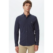 Lacoste Men's Slim Fit Button-Down Collar Linen Shirt Erkek Düğmeli Yaka Pamuklu Gömlek Lacivert
