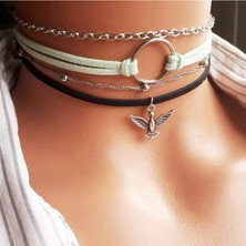 BijuStore Su Yeşili & Siyah Renk Süet Kadın Albatros Kuşu & Round Dörtlü Choker Kolye