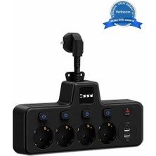 Mudanis Termal Akım Korumalı 4 Lü Duvar Tipi Priz 2x USB 2x Type-C Çıkışlı Grup Priz Çoğaltıcı Siyah (2500W)