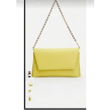 Özüm Çanta Sarı Çanta Deri Görünümlü Zincir Askılı Kadın El ve Omuz Çantası-Şık Portföy Clutch