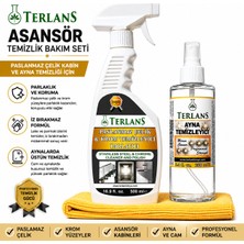 TERLANS Asansör Temizlik Bakım Seti – Paslanmaz Çelik & Krom Temizleyici Parlatıcı 500 ml + Ayna Temizleyici 250 ml + Mikrofiber Bez | Asansör Kabini İçin