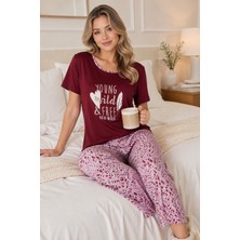 Seamlife Kadın Desenli Bisiklet Yaka Düğmesiz Pamuklu Yazlık Kısa Kol Pijama Takımı