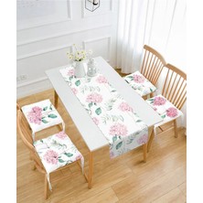 Rem Home Remhome Beyaz Zemin Ortanca Çiçeği Motifli 4 Pofidik Sandalye Minderi ve 1 Runner Seti