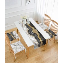 Rem Home Remhome Siyah Mermer Motifli 4 Pofidik Sandalye Minderi ve 1 Runner Seti