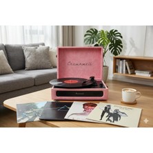 OEM Casablanca Serisi Retro Çanta Pikap – Pembe Süet Kaplama, Dahili Hoparlörlü, 3 Hızlı (33/45/78 Rpm), Bluetooth Bağlantılı, Taşınabilir Vintage Plak Çalar