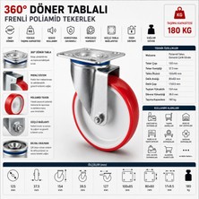 Badem10 Döner Tablalı 125 mm Poliamid Teker Kırmızı Rulmanlı Sanayi Tipi 180 kg Kapasiteli 1 Adet