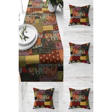 OEM Pelangi Yaz Evi Desenli Patchwork Masa Değişik Ranır Modelleri Dekoratif 4'lü Kırlent Kılıfı Runner Seti, Kiremit 45 x 45