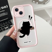 HONTINGA iPhone 15 Uyumlu Şeffaf Magsafe Wireless Köşe Düşüme Önleyici Basitlik Anti Düşme Kamera Korumali Sevimli Kedi Deseni Silikon Telefon Kılıfı K7-0066