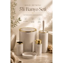 Okyanus Home Bej Rengi Gold Detaylı Yuvarlak 5'li Banyo Seti