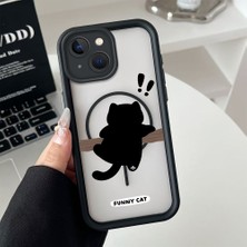 HONTINGA iPhone 15 Uyumlu Şeffaf Magsafe Wireless Köşe Düşüme Önleyici Basitlik Anti Düşme Kamera Korumali Sevimli Kedi Deseni Silikon Telefon Kılıfı K7-0066