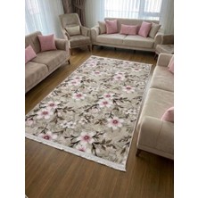 NarStore Home Pembe Krem Saçaklı Çiçekli Kabartmalı Yıkanabilir Kaymaz Taban Kesme Yolluk Salon Halısı