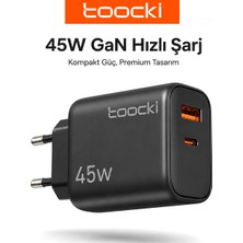 Toocki 45W Gan Hızlı Şarj Adaptörü, Type-C ve Usb-A Çift Portlu Akıllı Güç Dağıtımlı Telefon ve Tablet Şarj Cihazı