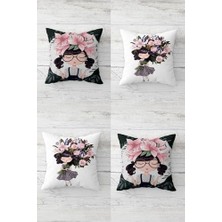 Çiçekli Genç Kız Gizli Fermuarlı Kırlent Kılıfı Koltuk Yastık Kılıfı TAKIM(4ADET), Gri-Beyaz-Pembe 45 x 45