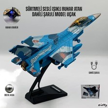 Oyuncak Model Uçak Dahili Şarjlı Buhar Atabilen Metal Kasa Işıklı Sesli Standlı Sürtmeli Savaş Uçağı + Kutulu F-16 (Mavi)