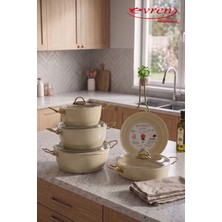 EVREN MUTFAK 9 Parça Cream (Krem) Ezme Seri Granit Tencere Seti Yapışmaz Taban Non-Stick