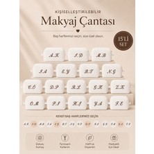 Beige & Stone Beyaz Kişiye Özel Harf Nakışlı 15'li Pamuklu Hediyelik Kadın Makyaj Kozmetik ve Seyahat Çantası Seti