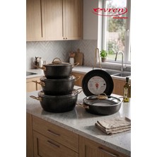 EVREN MUTFAK 9 Parça Gold Stone Ezme Seri Granit Tencere Seti Yapışmaz Taban Non-Stick