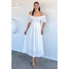 Gülseli Kolları Etek Ucu Güpürlü Elbise P-00022299